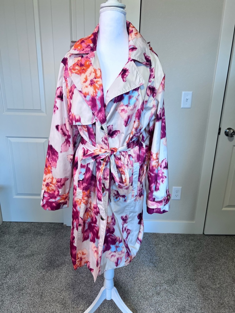 Chico's Ikat Floral Belted Removable Hood Rain Trench Coat Sz 3   16/18 - Picture 5 of 13